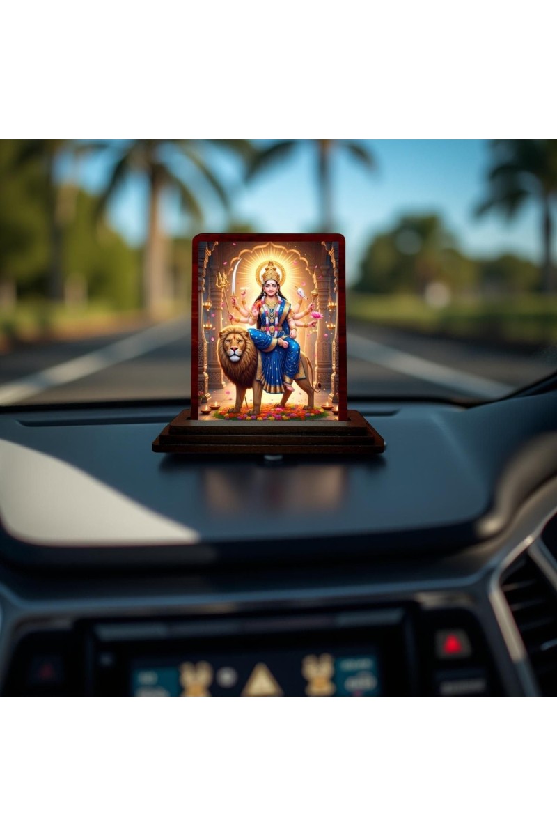 Car Desk/Table Top Goddess Durga Wooden Photo Stand 3x4 Inches, Compact & Stylish Spiritual Display For Car, Home & Office (Pack Of 1) (F14373)