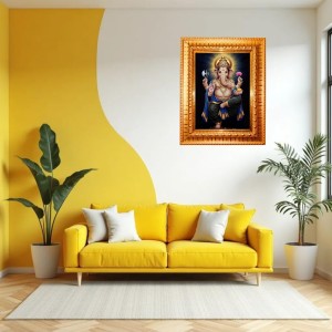 Lord Ganesh Golden Designer Photo Frame | 10x14 Inch Religious Wall Hanging Frame For Home & Office Decoration | Hindu Deity Lord Ganesh Spiritual Gift Item