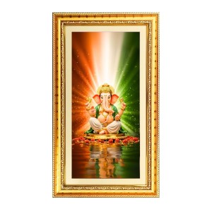 Lord Ganesh Digital Golden Color Photo Frame | Hindu Religious Wall Decor | 10x17 Inches - Inspirational Wall Art For Office, Home Decor - Ideal Spiritual Gift (F10188)