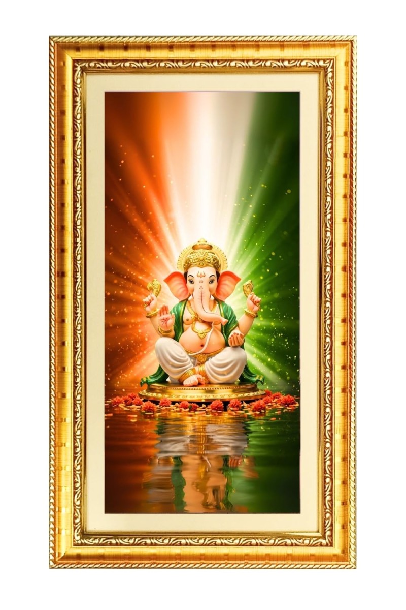 Lord Ganesh Digital Golden Color Photo Frame | Hindu Religious Wall Decor | 10x17 Inches - Inspirational Wall Art For Office, Home Decor - Ideal Spiritual Gift (F10188)