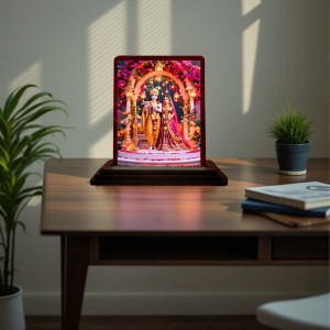 Car Desk/Table Top Radha Krishna Wooden Photo Stand 3x4 Inches, Compact & Stylish Spiritual Display For Car, Home & Office (Pack Of 1) (F14383)