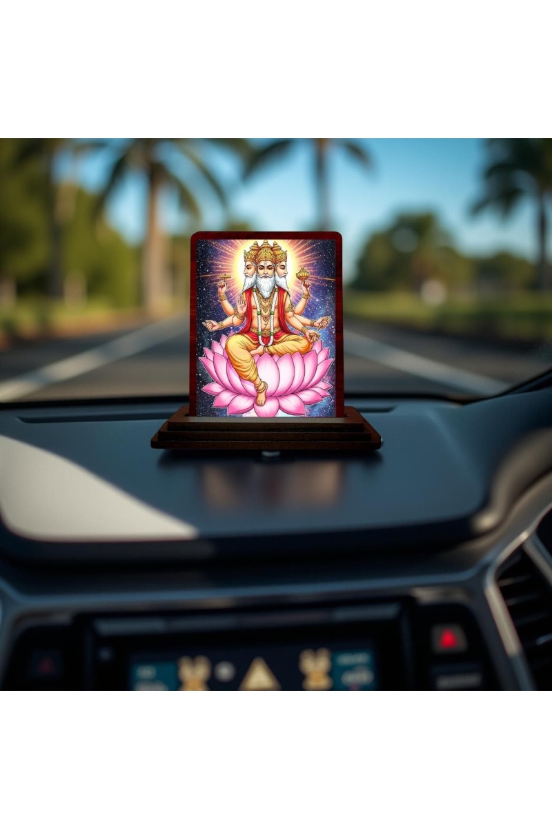 Car Desk/Table Top Lord Bramha Wooden Photo Stand 3x4 Inches, Compact & Stylish Spiritual Display For Car, Home & Office (Pack Of 1) (F14568)