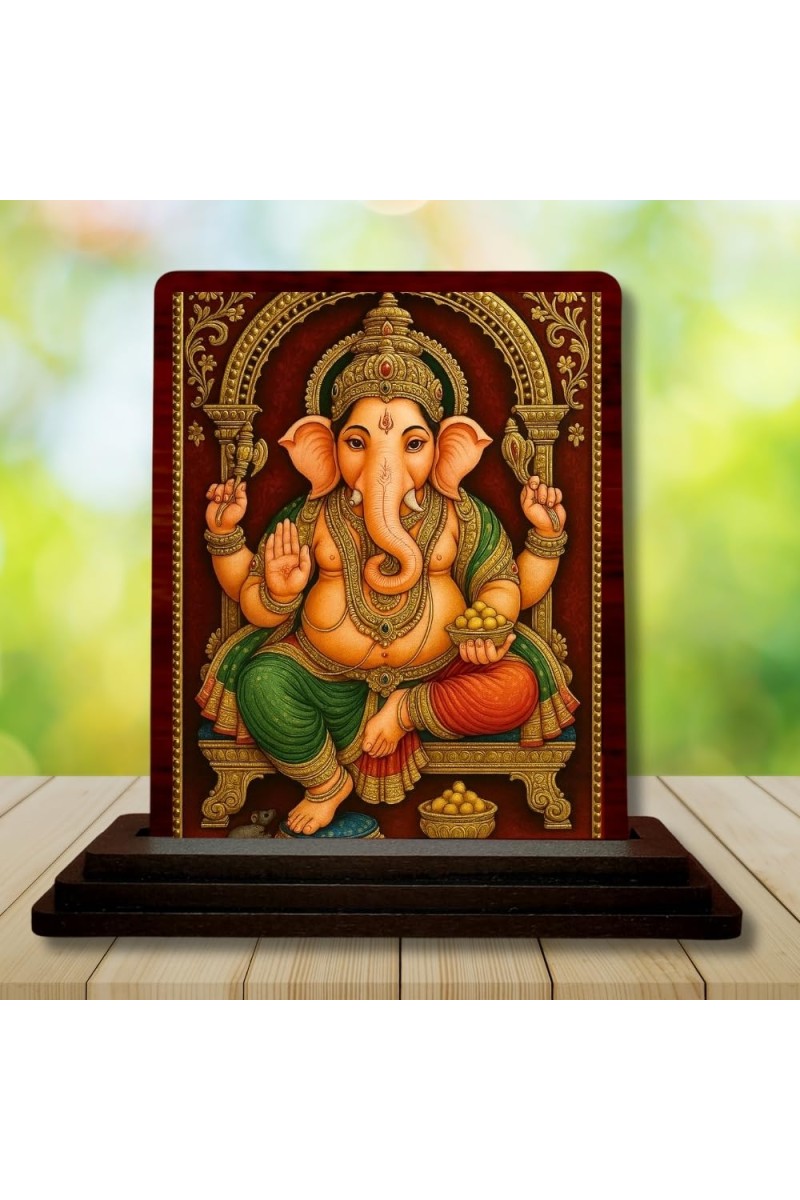Car Desk/Table Top Lord Ganesha Wooden Photo Stand 3x4 Inches, Compact & Stylish Spiritual Display For Car, Home & Office (Pack Of 1) (F15139)