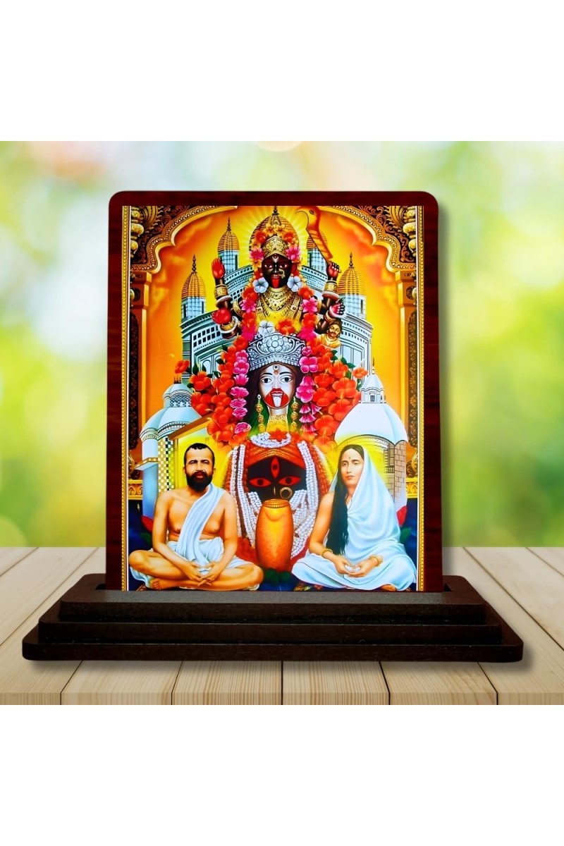 Car Desk/Table Top Kali Maa With Sri Ramakrishna Paramahamsa And Maa Sarada Devi Wooden Photo Stand 3x4 Inches, Compact & Stylish Spiritual Display For Car, Home & Office (Pack Of 1) (F15095)