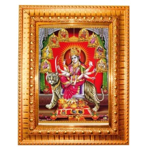 Goddess Durga Golden Designer Photo Frame | 18x22 Inch Religious Wall Hanging Frame For Home & Office Decoration | Hindu Deity Spiritual Gift Item
