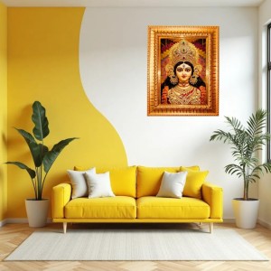 Saraswati Maa Golden Designer Photo Frame | 10x14 Inch Religious Wall Hanging Frame For Home & Office Decoration | Hindu Deity Spiritual Gift Item