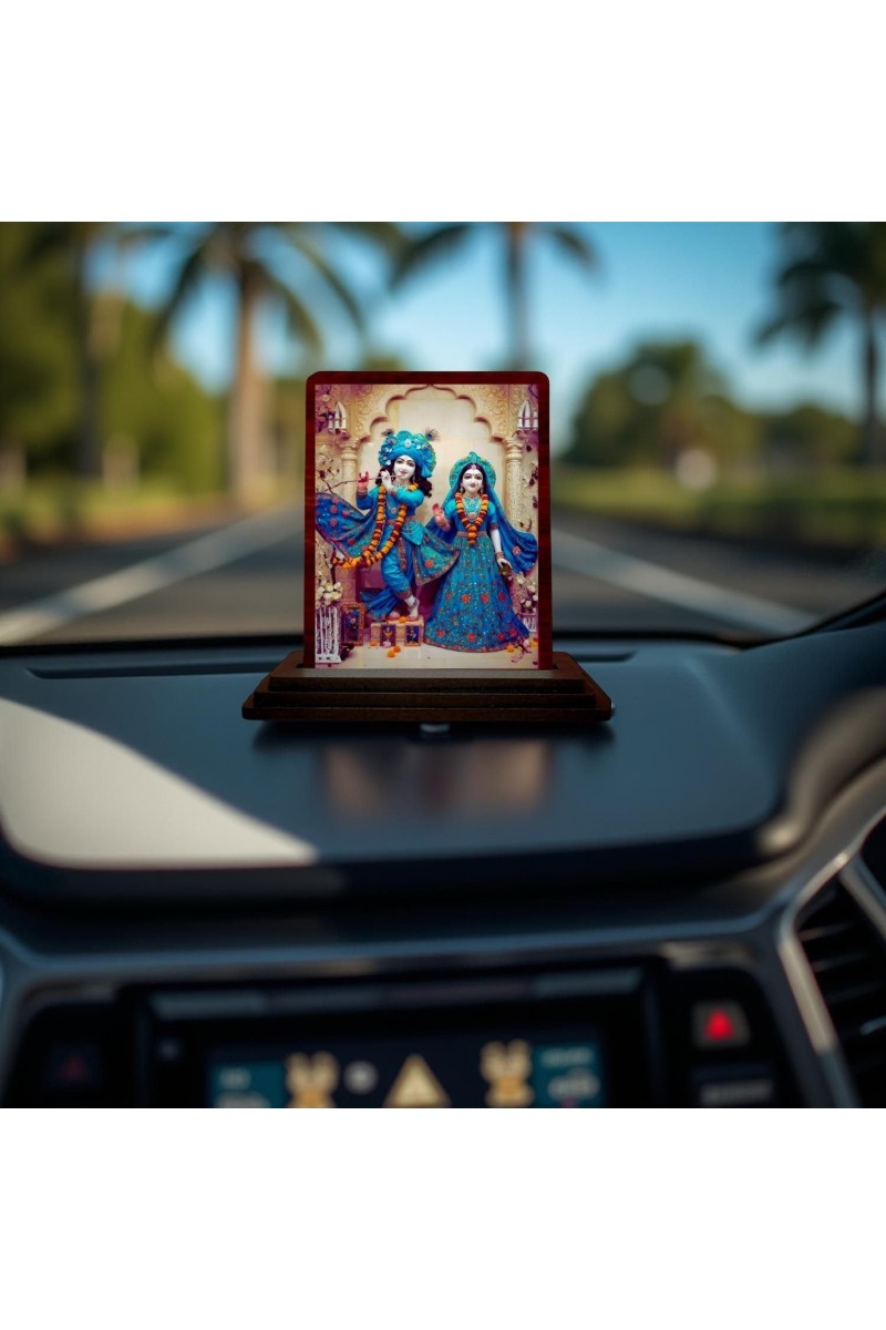 Car Desk/Table Top Radha Krishna Wooden Photo Stand 3x4 Inches, Compact & Stylish Spiritual Display For Car, Home & Office (Pack Of 1) (F14224)