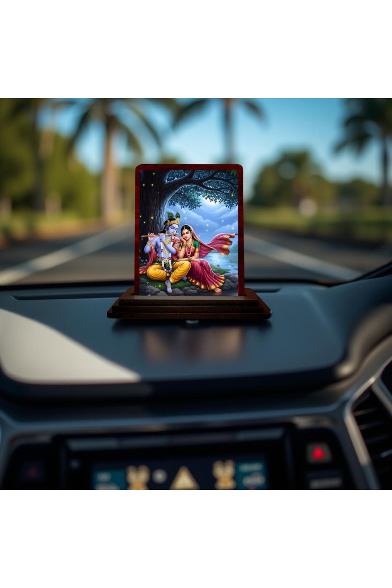 Car Desk/Table Top Radha Krishna Wooden Photo Stand 3x4 Inches, Compact & Stylish Spiritual Display For Car, Home & Office (Pack Of 1) (F14273)