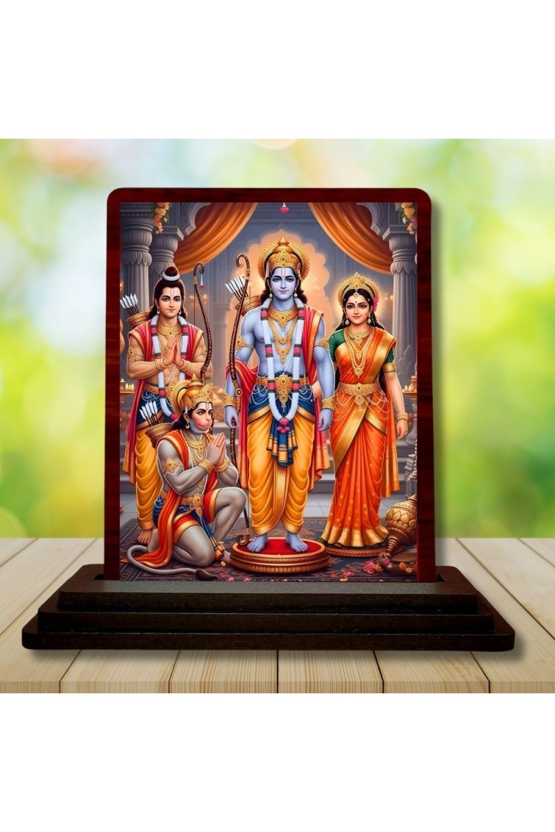 Car Desk/Table Top Rama Darbar Wooden Photo Stand 3x4 Inches, Compact & Stylish Spiritual Display For Car, Home & Office (Pack Of 1) (F14243)