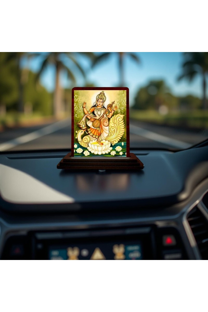 Car Desk/Table Top Goddess Saraswathi Wooden Photo Stand 3x4 Inches, Compact & Stylish Spiritual Display For Car, Home & Office (Pack Of 1) (F14275)