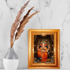 Lord Ganesh Golden Designer Photo Frame | 10x14 Inch Religious Wall Hanging Frame For Home & Office Decoration | Hindu Deity Lord Ganesh Spiritual Gift Item
