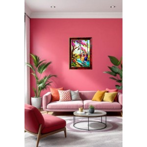 Radha Krishna On Swing Photo Frame For Wall & Table | 7x9 Inch Golden Cherry Finish | Decorative Radha Krishna On Swing Photo Frame For Home, Office & Pooja Room (F11397)