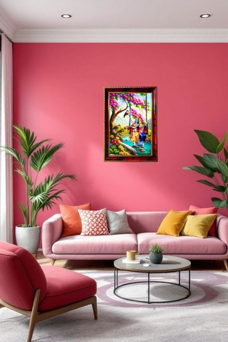 Radha Krishna On Swing Photo Frame For Wall & Table | 7x9 Inch Golden Cherry Finish | Decorative Radha Krishna On Swing Photo Frame For Home, Office & Pooja Room (F11397)