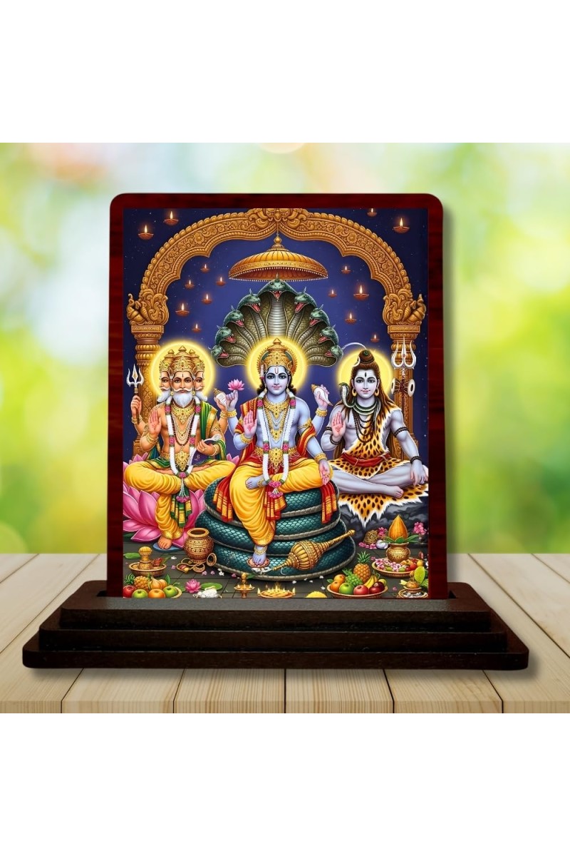 Car Desk/Table Top Lord Vishnu Shankar Bramha Wooden Photo Stand 3x4 Inches, Compact & Stylish Spiritual Display For Car, Home & Office (Pack Of 1) (F15146)