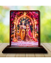 Car Desk/Table Top Radha Krishna Wooden Photo Stand 3x4 Inches, Compact & Stylish Spiritual Display For Car, Home & Office (Pack Of 1) (F14383)