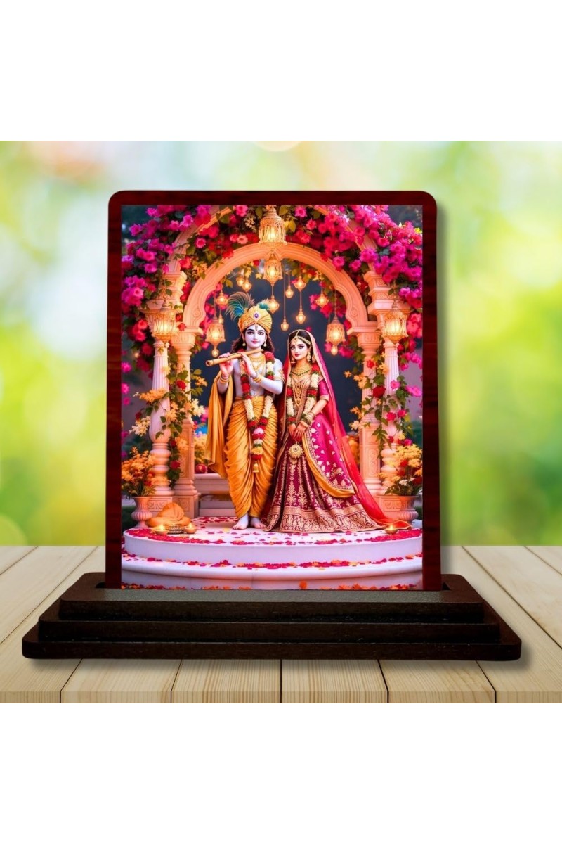 Car Desk/Table Top Radha Krishna Wooden Photo Stand 3x4 Inches, Compact & Stylish Spiritual Display For Car, Home & Office (Pack Of 1) (F14383)