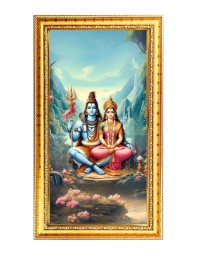 Lord Shiva And Parvati Digital Golden Color Photo Frame | Hindu Religious Wall Decor | 12x19 Inches - Inspirational Wall Art For Office, Home Decor - Ideal Spiritual Gift (F10199)