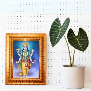 Lord Vishnu Golden Designer Photo Frame | 12x16 Inch Religious Wall Hanging Frame For Home & Office Decoration | Hindu Deity Spiritual Gift Item