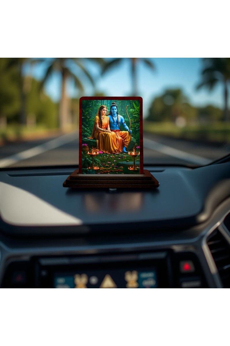 Car Desk/Table Top Lord Rama And Sita Wooden Photo Stand 3x4 Inches, Compact & Stylish Spiritual Display For Car, Home & Office (Pack Of 1) (F14331)