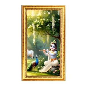 Divine Krishna Digital Golden Color Photo Frame | Hindu Religious Wall Decor | 8x15 Inches - Inspirational Wall Art For Office, Home Decor - Ideal Spiritual Gift (F10309)