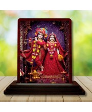 Car Desk/Table Top Radha Krishna Wooden Photo Stand 3x4 Inches, Compact & Stylish Spiritual Display For Car, Home & Office (Pack Of 1) (F14225)