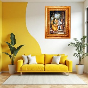 Krishna Leela Golden Designer Photo Frame | 10x14 Inch Religious Wall Hanging Frame For Home & Office Decoration | Hindu Deity Spiritual Gift Item