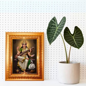Maa Saraswati Golden Designer Photo Frame | 10x14 Inch Religious Wall Hanging Frame For Home & Office Decoration | Hindu Deity Spiritual Gift Item Maa Saraswati Golden Designer Photo Frame | 10x14 Inch Religious Wall Hanging Frame For Home & Office Decoration | Hindu Deity Spiritual Gift Item