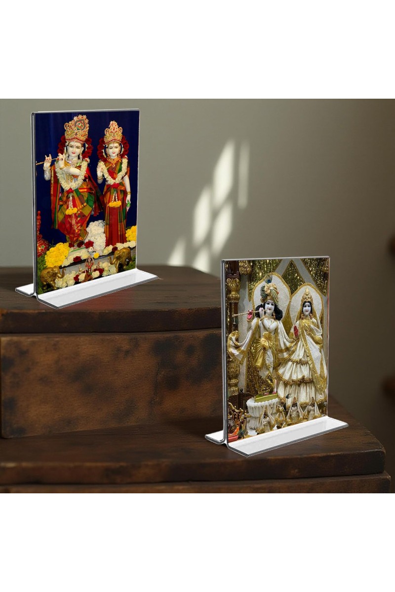 Sri Krishna and Sri Radha Acrylic T-Style Photo Stand - 11x13 Inches, Compact and Stylish Spiritual Display, easily change 2 photos (Pack of 1)