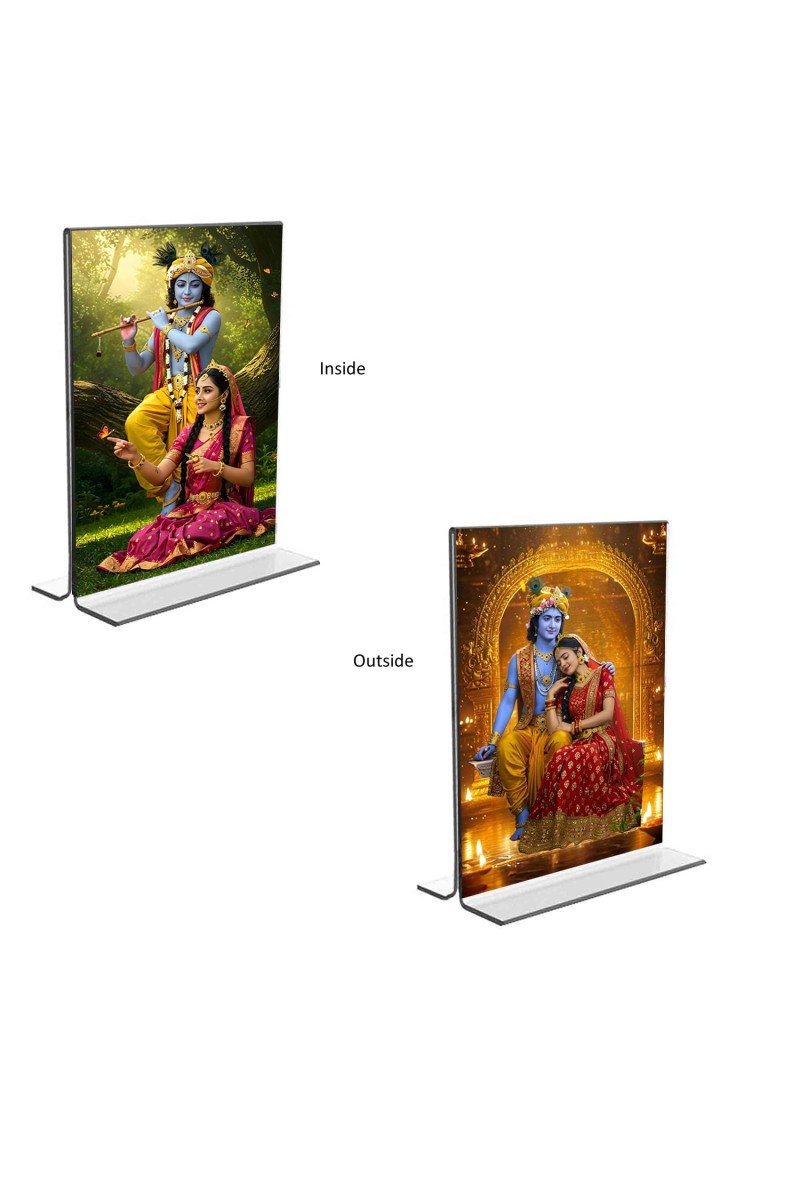 Sri Krishna and Sri Radha Acrylic T-Style Photo Stand - 7x9 Inches, Compact and Stylish Spiritual Display, easily change 2 photos (Pack of 1)