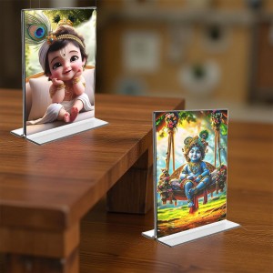 Car Desk/Table Top Bal Gopal Sri Krishna Acrylic T-Style Photo Stand - 2.5x3.5 Inches, Compact and Stylish Spiritual Display, easily change 2 photos (Pack of 1) Car Desk/Table Top Bal Gopal Sri Krishna Acrylic T-Style Photo Stand - 2.5x3.5 Inches, Compact and Stylish Spiritual Display, easily change 2 photos (Pack of 1)