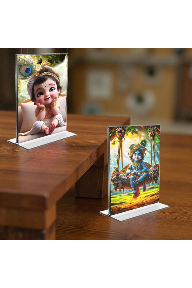 Bal Gopal Sri Krishna Acrylic T-Style Photo Stand, Compact and Stylish Spiritual Display, easily change 2 photos (Pack of 1)