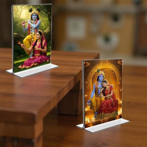 Sri Krishna and Sri Radha Acrylic T-Style Photo Stand - 11x13 Inches, Compact and Stylish Spiritual Display, easily change 2 photos (Pack of 1) Sri Krishna and Sri Radha Acrylic T-Style Photo Stand - 11x13 Inches, Compact and Stylish Spiritual Display, easily change 2 photos (Pack of 1)
