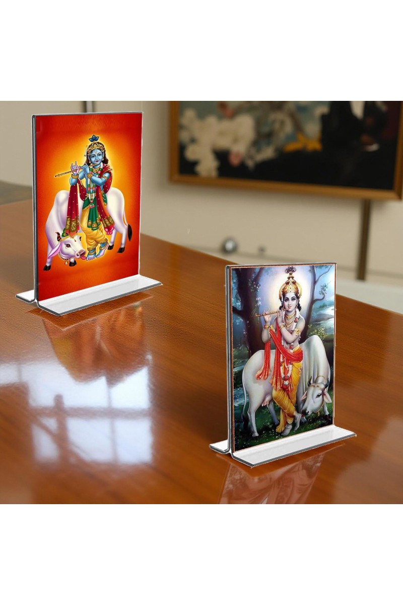 Sri Krishna With Cow Acrylic T-Style Photo Stand, Compact and Stylish Spiritual Display, easily change 2 photos (Pack of 1)