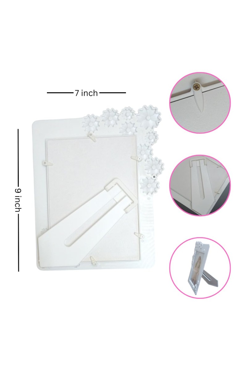 Hitech Sales Decorative Tabletop Photo Frame for Home Decor | White Floral Design Frame (5x7 Inch) | Elegant Picture Frame for Wedding, Anniversary, Birthday Gift