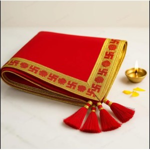 Traditional Red Puja Cloth with Golden Border & Swastik Design | Temple Aasan for Pooja & Festivals Pack of 2 Traditional Red Puja Cloth with Golden Border & Swastik Design | Temple Aasan for Pooja & Festivals Pack of 2