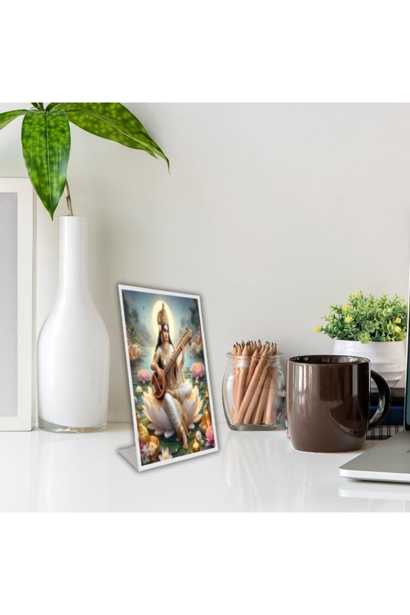 Car Desk/Table Top Maa Sraswati Acrylic L-Style Photo Stand - 5x7 Inches, Compact And Stylish Spiritual Display (F6731)