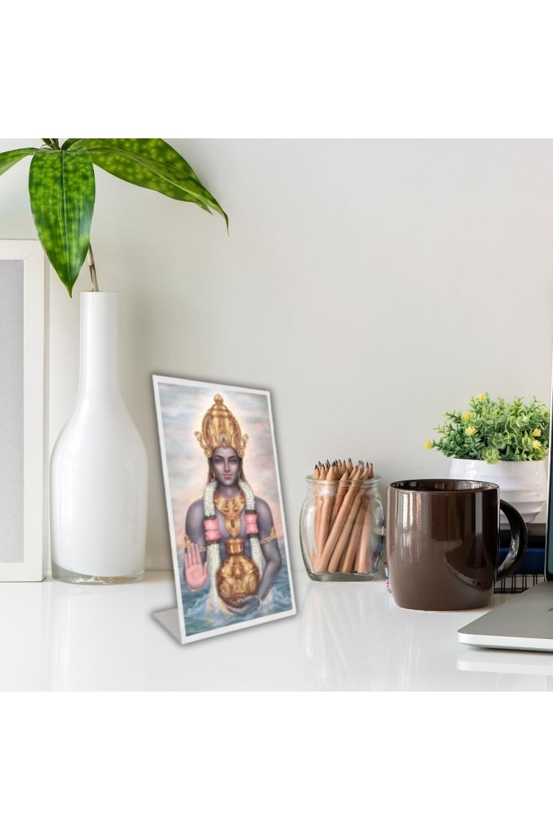 Car Desk/Table Top Lord Dhanvantari Acrylic L-Style Photo Stand - 5x7 Inches, Compact And Stylish Spiritual Display (F6715)