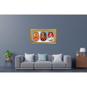 Maa Laxmi Ganesh, Saraswati Photo Frame - 8x14 Inch Brown Wooden Frame | Hindu Gods Wall Decor For Home & Office