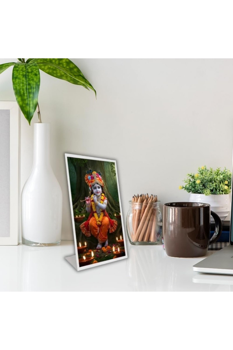 Car Desk/Table Top Little Krishna Acrylic L-Style Photo Stand - 2.5x3.5 Inches, Compact And Stylish Spiritual Display (F6717)