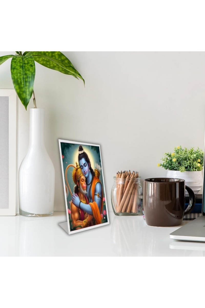 Car Desk/Table Top Lord Ram Lord Hanuman Acrylic L-Style Photo Stand - 2.5x3.5 Inches, Compact And Stylish Spiritual Display (F6712)