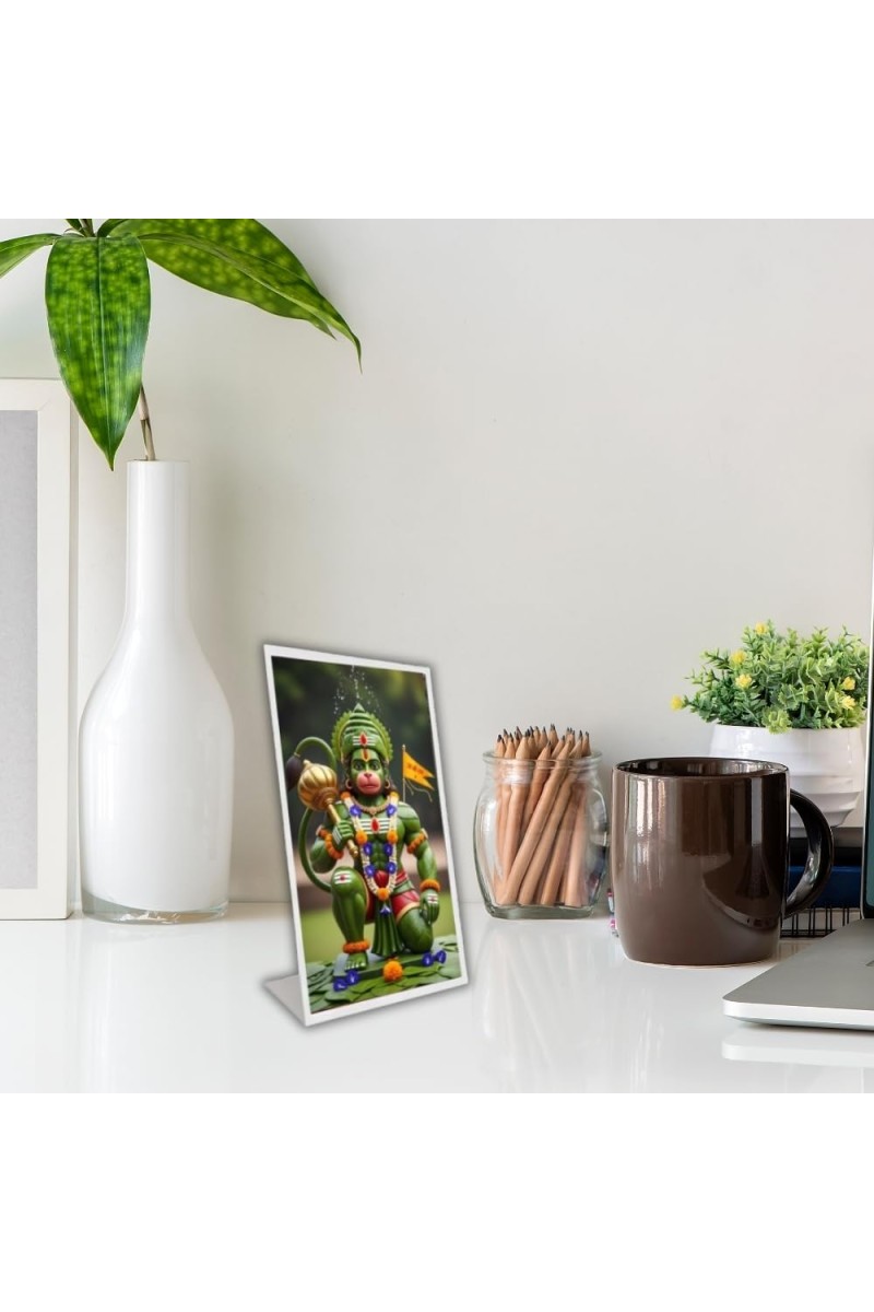 Car Desk/Table Top Lord Hanuman Acrylic L-Style Photo Stand - 5x7 Inches, Compact And Stylish Spiritual Display (F6675)