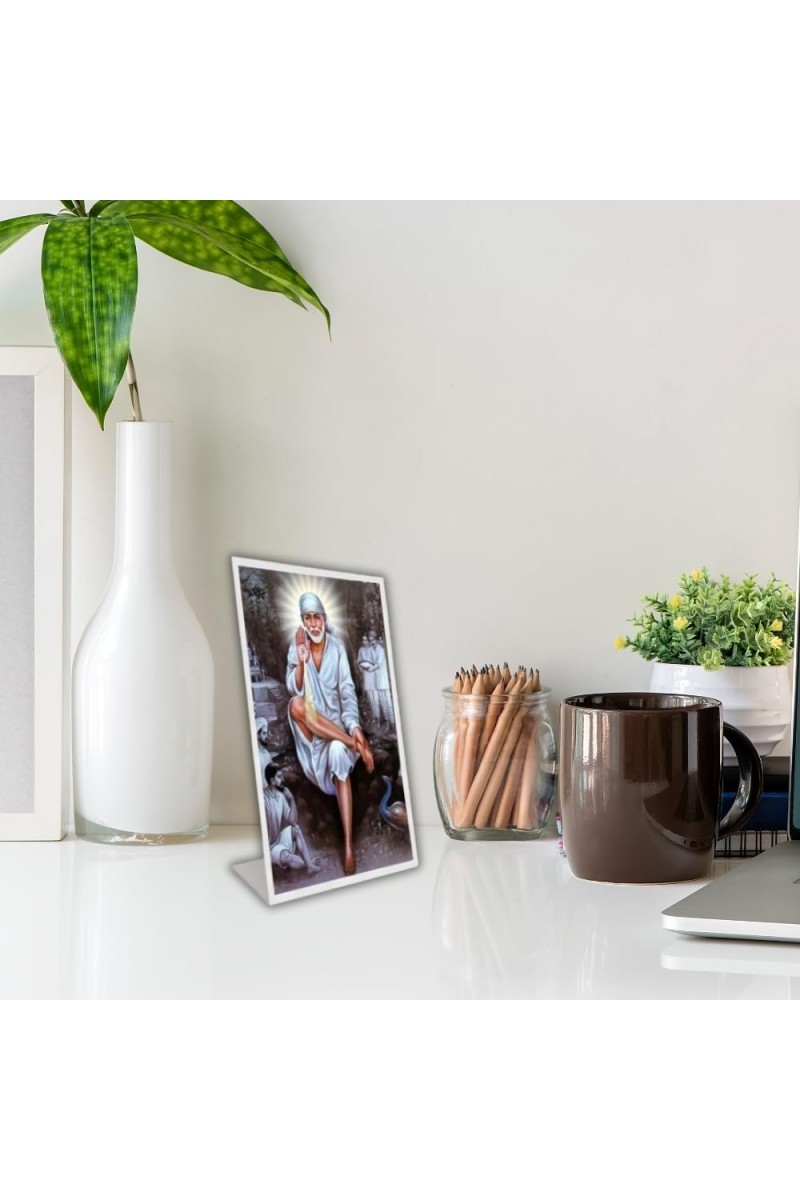 Car Desk/Table Top Shirdi Sai Baba Acrylic L-Style Photo Stand - 5x7 Inches, Compact And Stylish Spiritual Display (F6693)