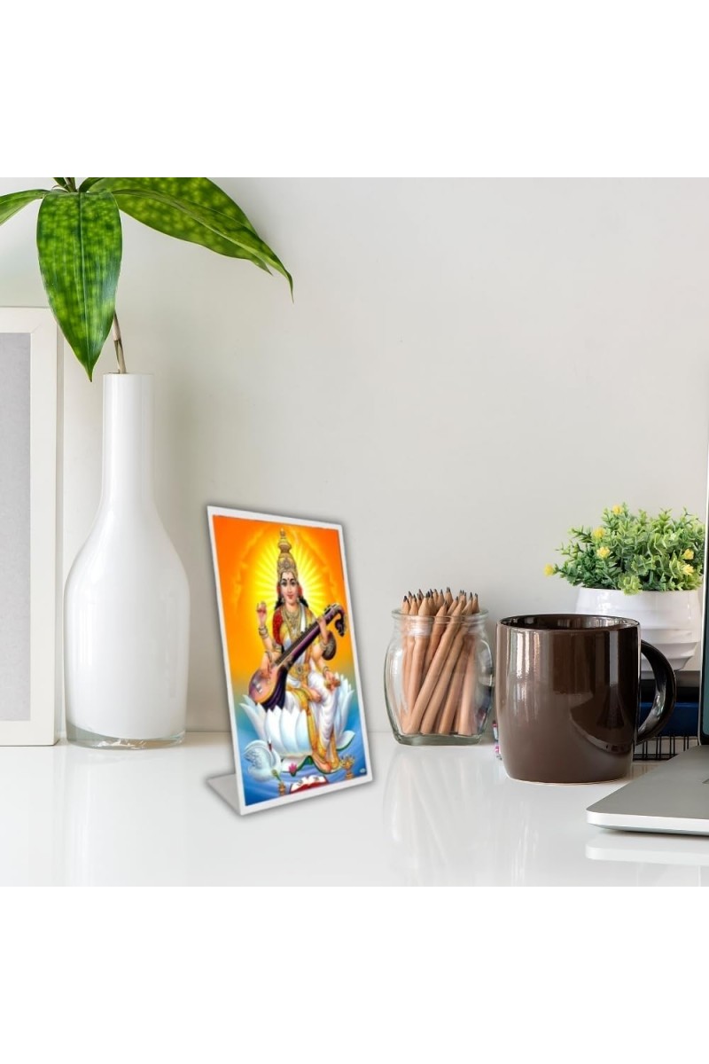 Car Desk/Table Top Maa Saraswati Acrylic L-Style Photo Stand - 5x7 Inches, Compact And Stylish Spiritual Display (F6700)