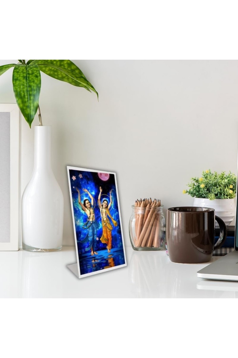 Car Desk/Table Top Lord Chaitanya Mahaprabhu And Nityananda Prabhu Acrylic L-Style Photo Stand - 2.5x3.5 Inches, Compact And Stylish Spiritual Display (F6725)