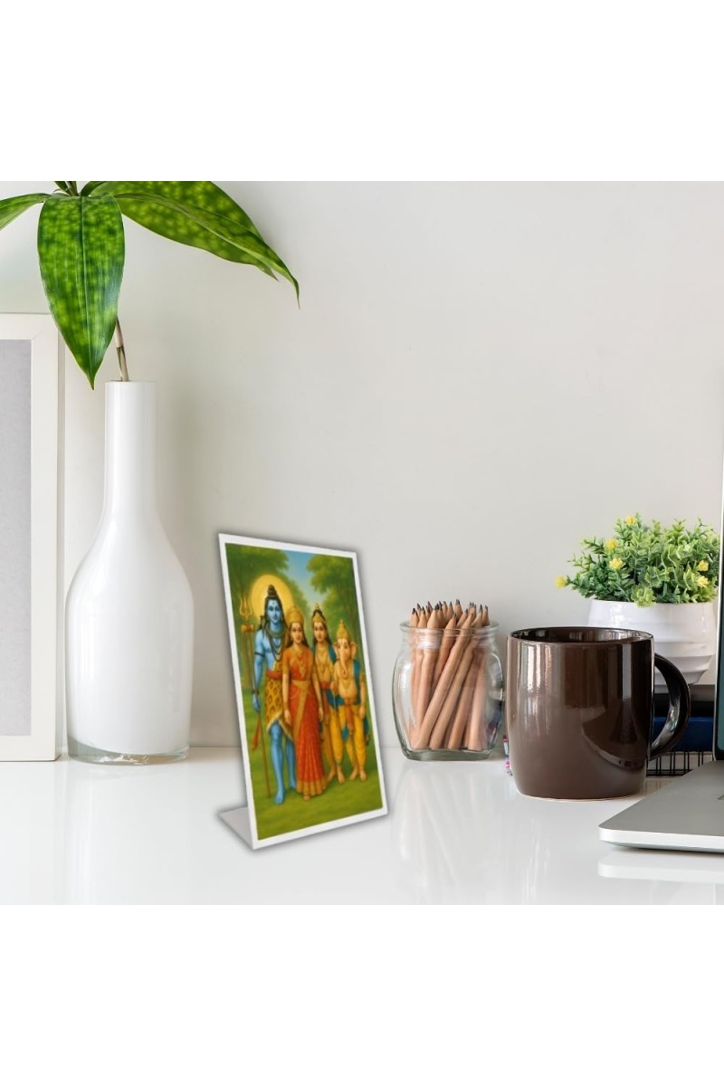 Car Desk/Table Top Lord Shiva,Parvati,sons Ganesha And Kartikeya. Acrylic L-Style Photo Stand - 2.5x3.5 Inches, Compact And Stylish Spiritual Display (F6677)