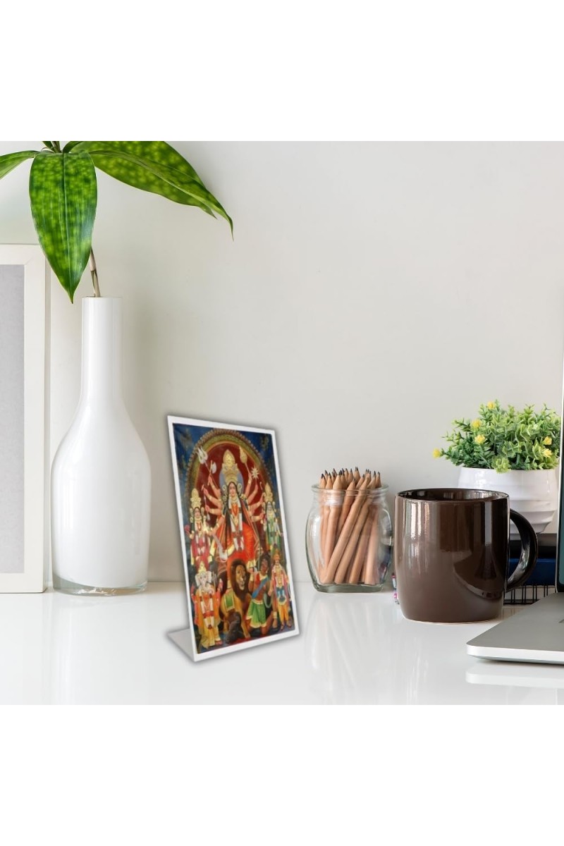 Car Desk/Table Top Maa Durga Acrylic L-Style Photo Stand - 5x7 Inches, Compact And Stylish Spiritual Display (F6689)
