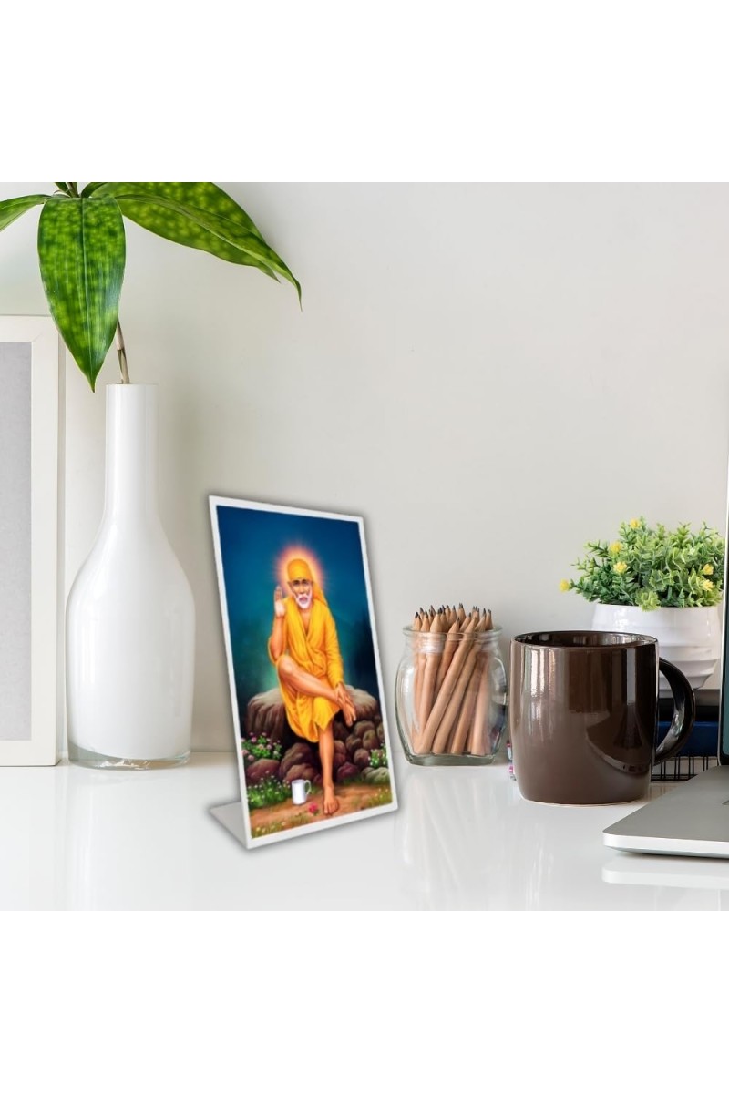 Car Desk/Table Top Sridhi Sai Baba Acrylic L-Style Photo Stand - 2.5x3.5 Inches, Compact And Stylish Spiritual Display (F6734)