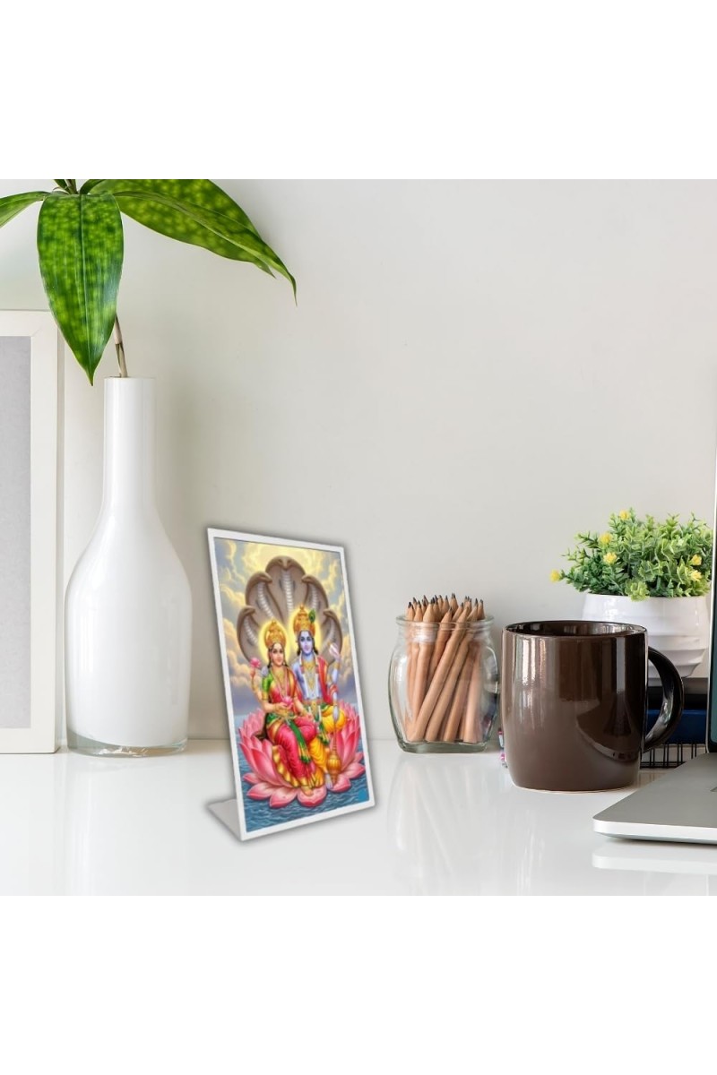 Car Desk/Table Top Lord Vishnu And Lakhsmi Acrylic L-Style Photo Stand - 2.5x3.5 Inches, Compact And Stylish Spiritual Display (F6662)