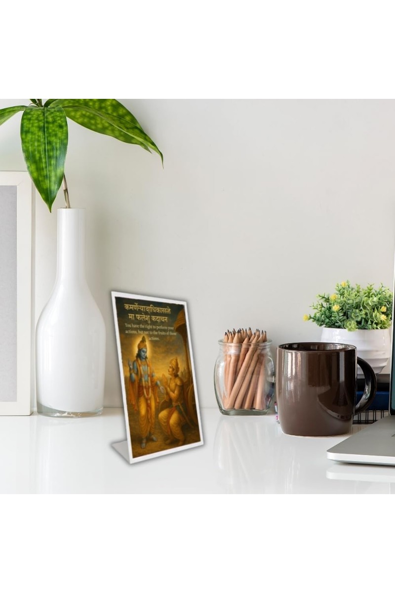 Car Desk/Table Top Lord Krishna And Arjuna. Acrylic L-Style Photo Stand - 5x7 Inches, Compact And Stylish Spiritual Display (F6679)