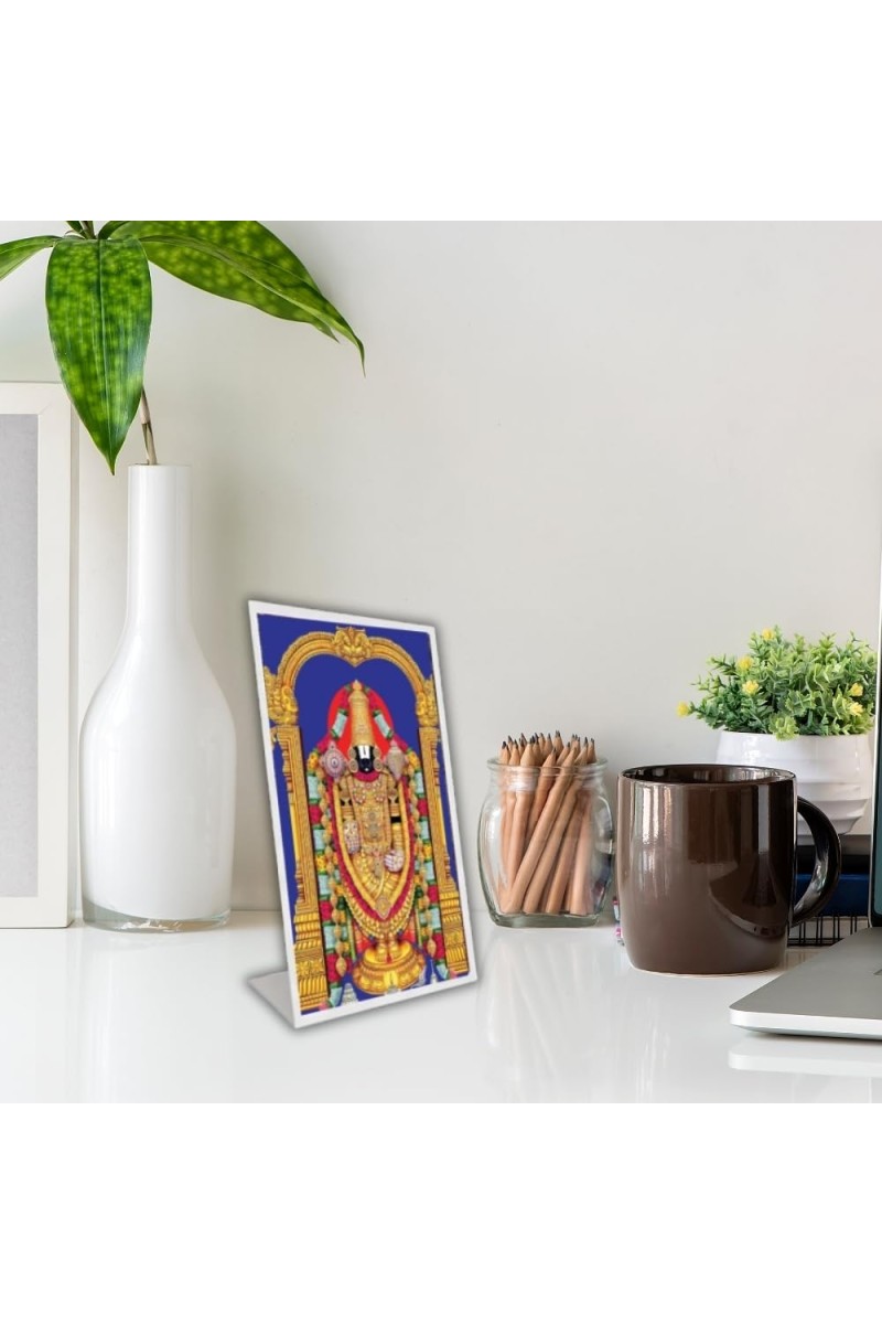 Car Desk/Table Top Tirupati Balaji Acrylic L-Style Photo Stand - 2.5x3.5 Inches, Compact And Stylish Spiritual Display (F6735)